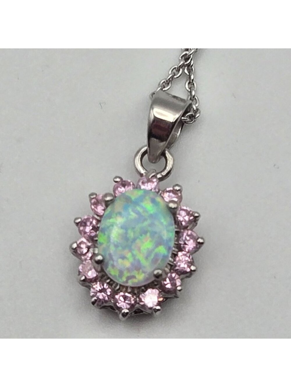 Vintage 925 Sterling Silver Necklace Opal Pendant Pink Sapphire 18"
